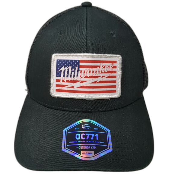 Outdoor Cap Trucker Hat Black One Size Milwaukee Tool USA Flag Patch Snapback